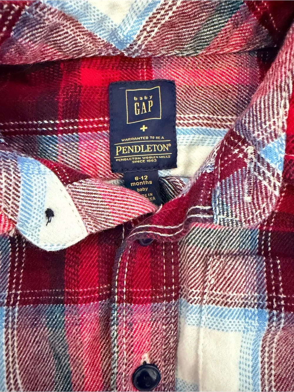 Baby GAP Pendleton Red/White/Blue Plaid Flannel Button-Up Baby Onesie 6-12 mo